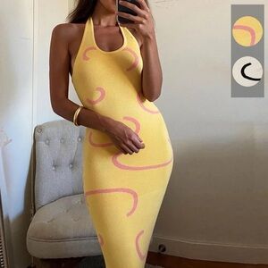Yellow and Pink Halter Neck Midi sweater dress